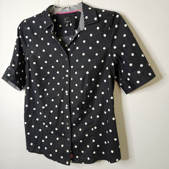 Talbots Womens Black & White Polka-dot Print Short Sleeve Non-iron Top Blouse 8P - Picture 1 of 10